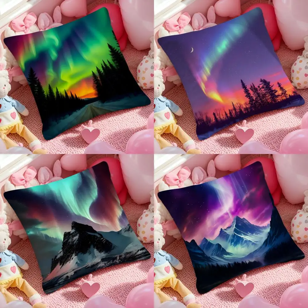 Aurora Winter Sky Cushion Cover Anti-dustmite Pillowcase Invisible zipper silky short plush Sofa cushion cover