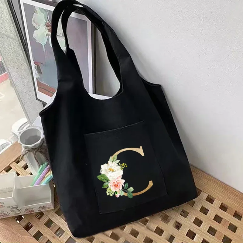 Women Storage Pouch Student Necessaire Bag Letter Initial Name Pattern Print Beige Canvas Tote Bag Shopping New Travel Pouch