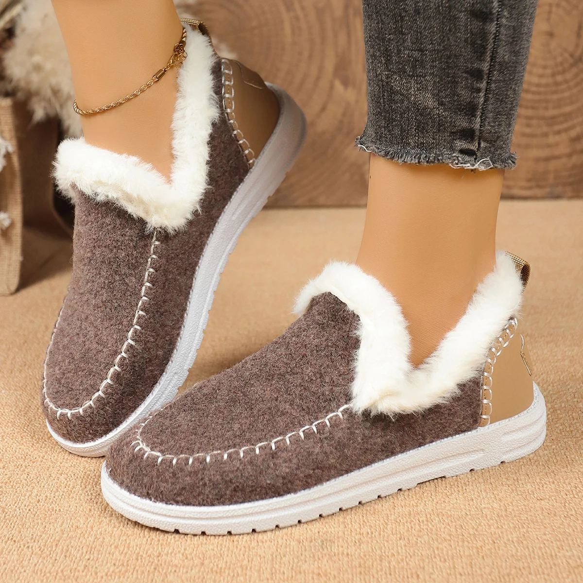 2026 New Women Snow Boots Non Slip Light Casual Daily Booties Slip on Fuzzy Collar Ankle Boots Soft Warm Fleece Lined Flat Shoes