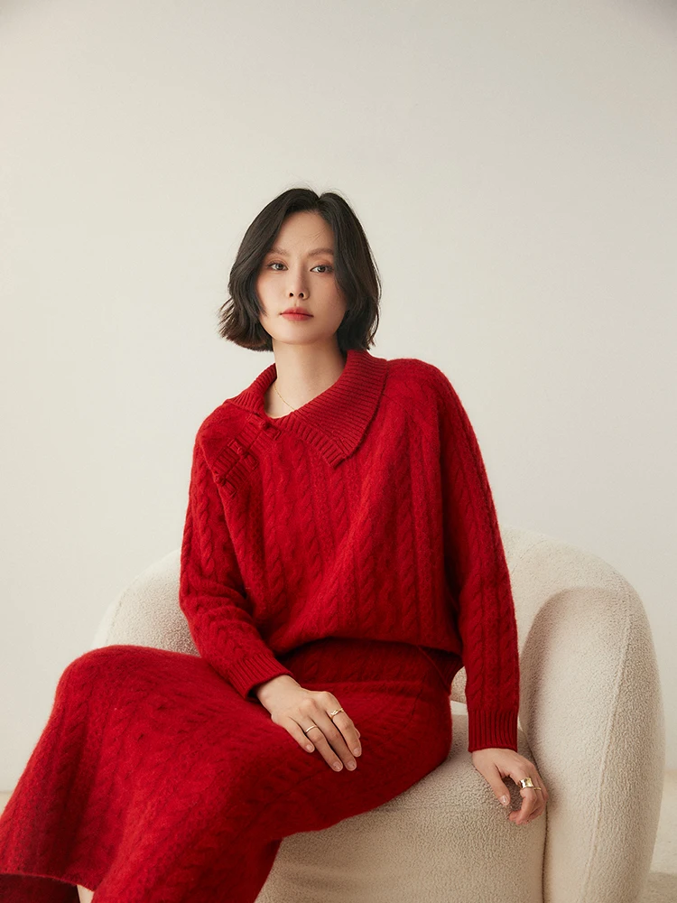 Women 100% Cashmere Sweater Skirt Set Cable Knitting Grace Style Autumn Winter Female Cashmere Knitwear Chinese Style Buckle