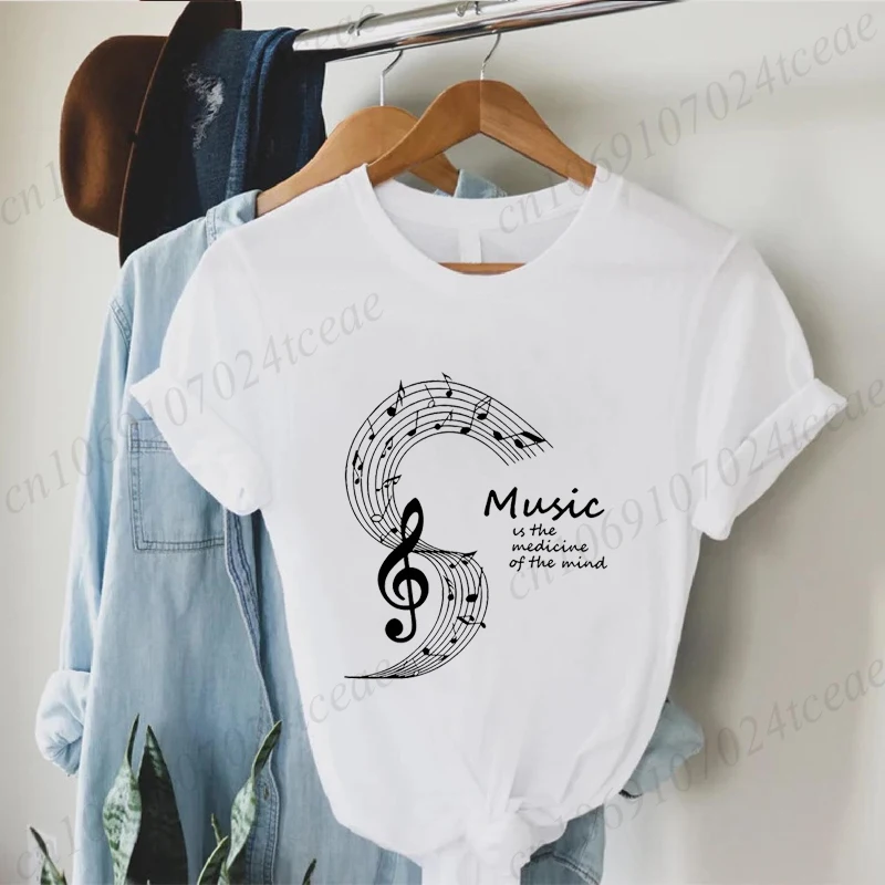 Summer Fashion Brand Women's T-shirt Clothing Music Note Print Tshirt Clothing Y2k Streetwear T Shirt Music Note Lover Tee Tops