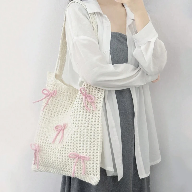 Fashion Sweet Bow Knitted Hollow Out Tote Bag Torba na zakupy o dużej pojemności Damska szydełkowa torba na ramię Dorywcza torebka pod pachę