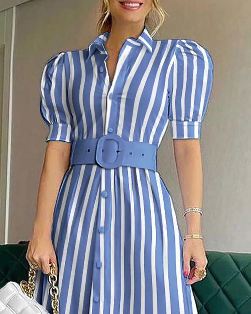 Party Belt Dresses For Women 2025 Spring Summer Fashion Elegant Stripe Print Short Sleeve Long Dress Lady High Waist Shirt Dress