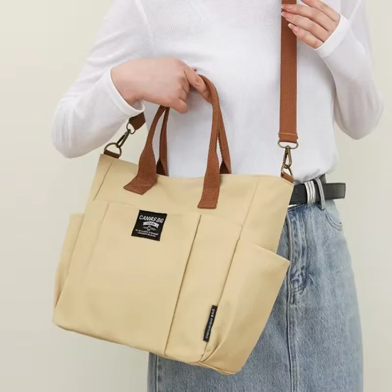 Urban Minimalist Female Student Large Capacity Commuting Horizontal Canvas Single Shoulder Diagonal Cross Portable Tote Bag