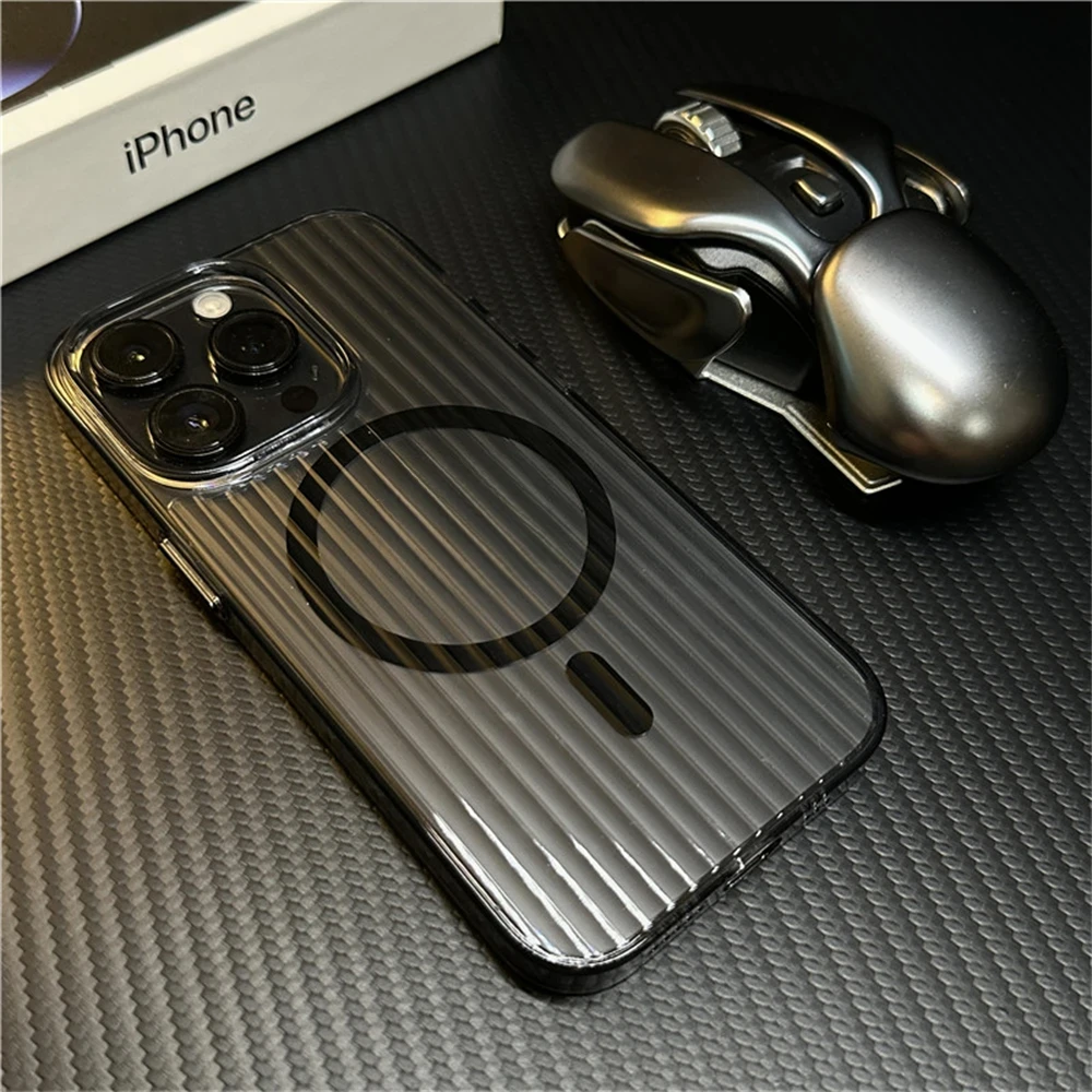 

Transparent Magnetic Wireless Charger Phone Case For iPhone 15 14 13 12 11 Pro Max Plus Shockproof Soft Stripe Cover