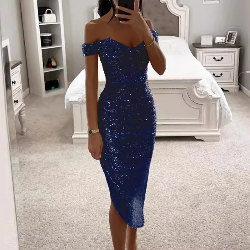 Sexy Asymmetrical Shinny Glitter Fold Long Dress Elegant Solid Winter Banquet Dress Women 2024 One Shoulder Bodycon Party Dress