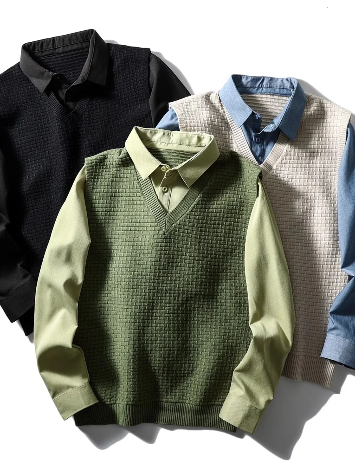 

Вязаный свитер Sunine Refreing для мальчиков-подростков, комплект из двух предметов, дизайн в стиле рабочей одежды, зимний свитер с длинным рукавом и воротником, модный городской стиль