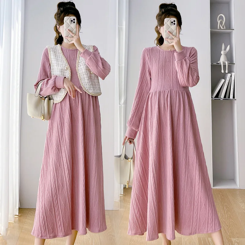 

Maternity Long Dress Spring Autumn O-neck Pregnant Women Clothes Fashion High Waist Version Loose Slimming Pregnancy Dress