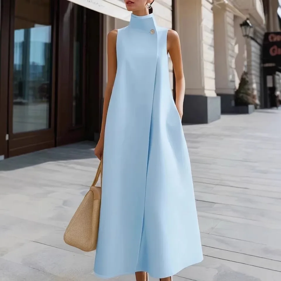 Elegant Stand Collar One Button Sleeveless Long Dress Dresses for Women Spring Summer Office