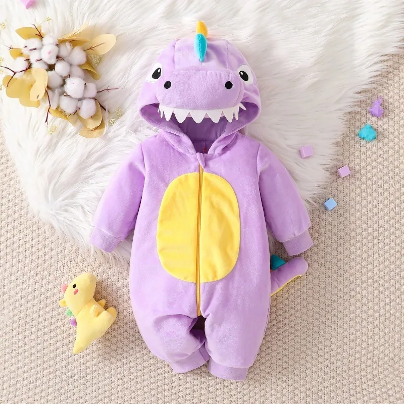 Baby Purple Dinosaur Romper Hooded Teeth Colorful Spikes Tail Warm Fleece Jumpsuit Infant Cute Costume Playsuit Winter Clothes