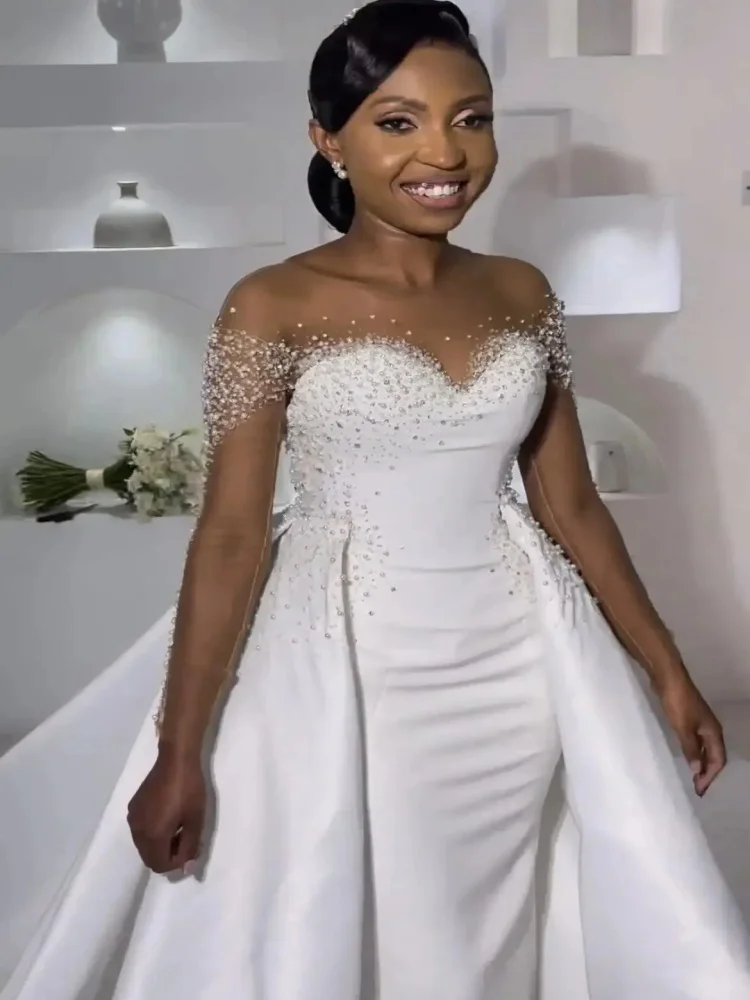 Customized Sheer Neck Sparkly Beads  Wedding Dress For Bride Robe De Mariée Long Sleeves Bridal Gowns with Removable Skirt