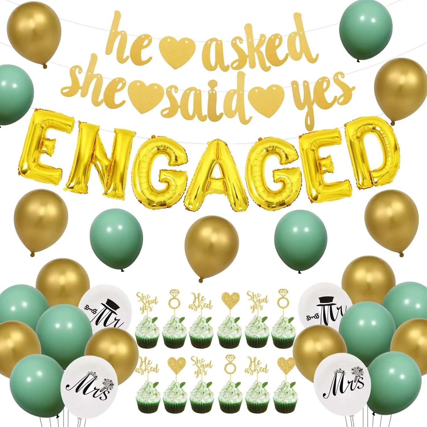 

Diamond Ring Balloons for Wedding Bridal Shower, Engagement Party Decorations, Sage Green, He asked She Said Yes Banner, Cake To