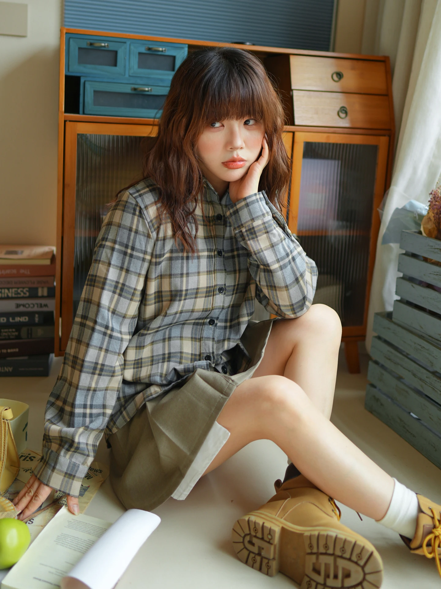 

Retro Japanese Plaid Long Sve Floing Women's Casual irt Loose Fit Autumn Winter Versatile Turn-down Collar Top