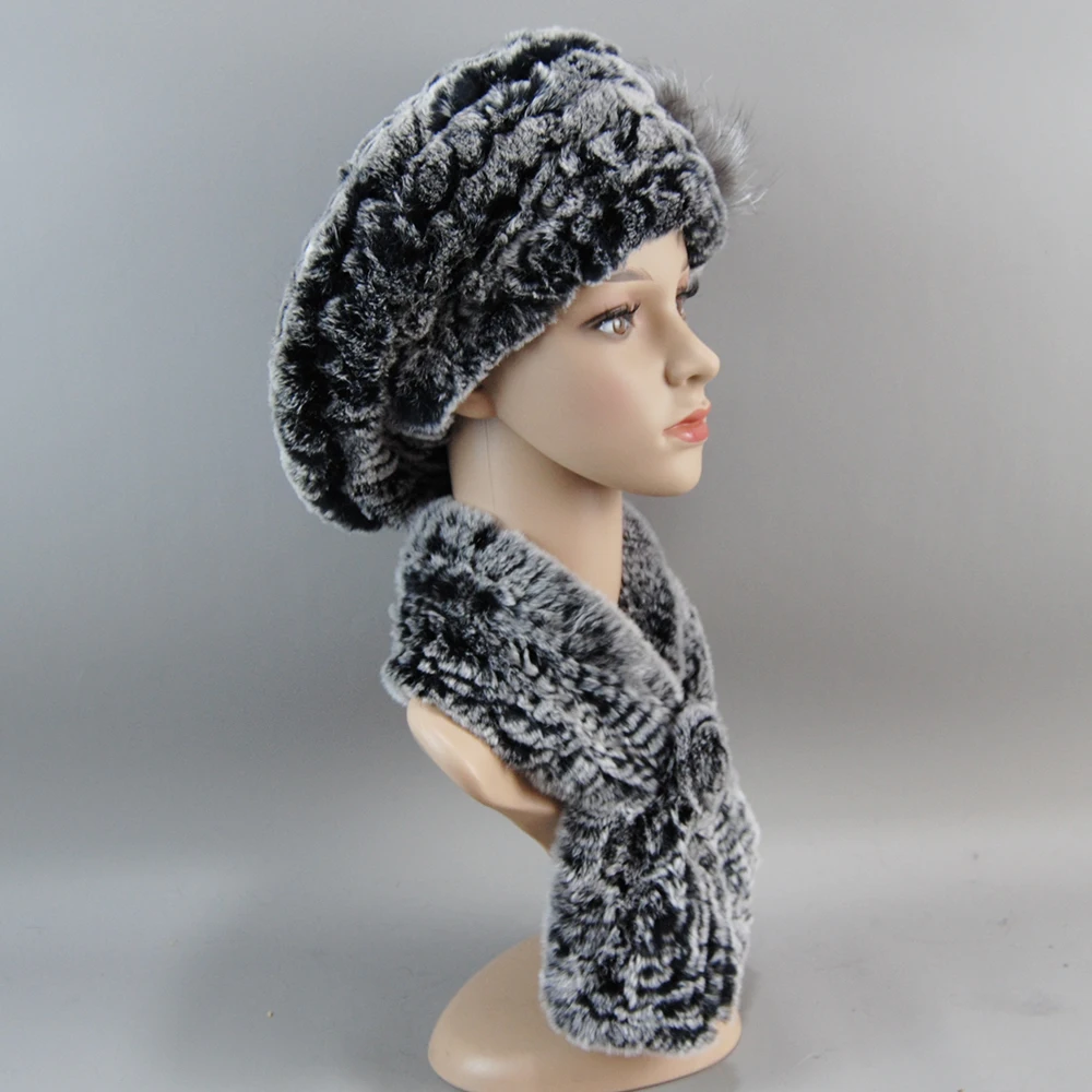 Gorros de piel de conejo Rex para mujer, bufandas 2024 de punto genuino, conjuntos de bufandas, gorro de piel Real cálido, silenciador, novedad de