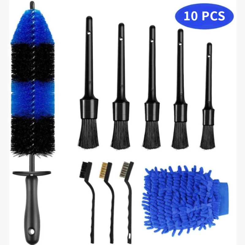 

10PCS Car Beauty Tools Long Handle Wheel Hub Brush Interior Details Dust Brush Microfiber Car Wash Gloves