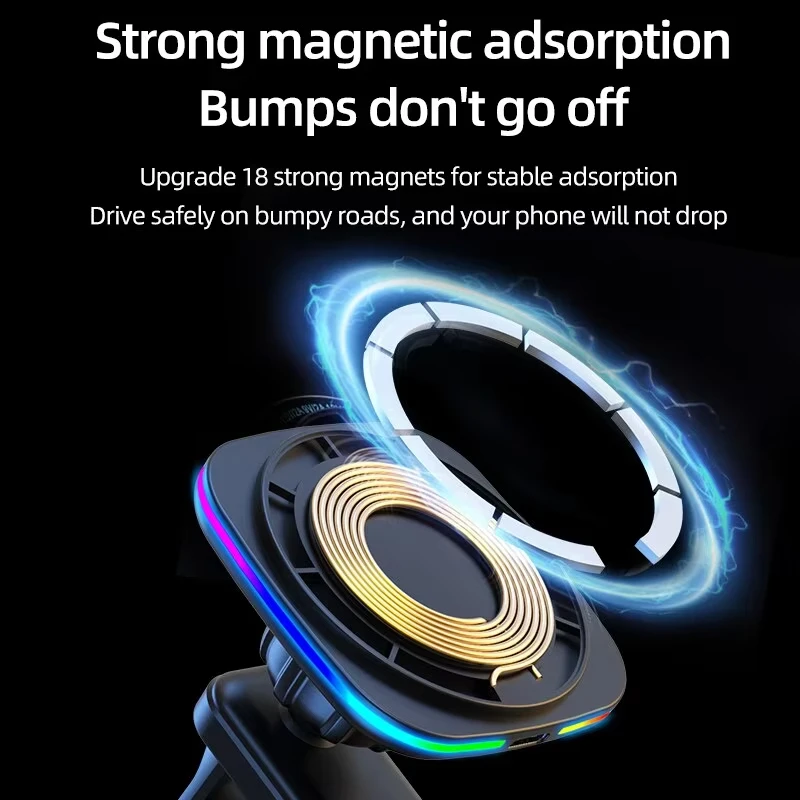 RGB Magnetic Car Phone Holder Stand 30W Wireless Charger Car Mount For iPhone 14 13 12 Pro Max Car Fast Charging Station Macsafe