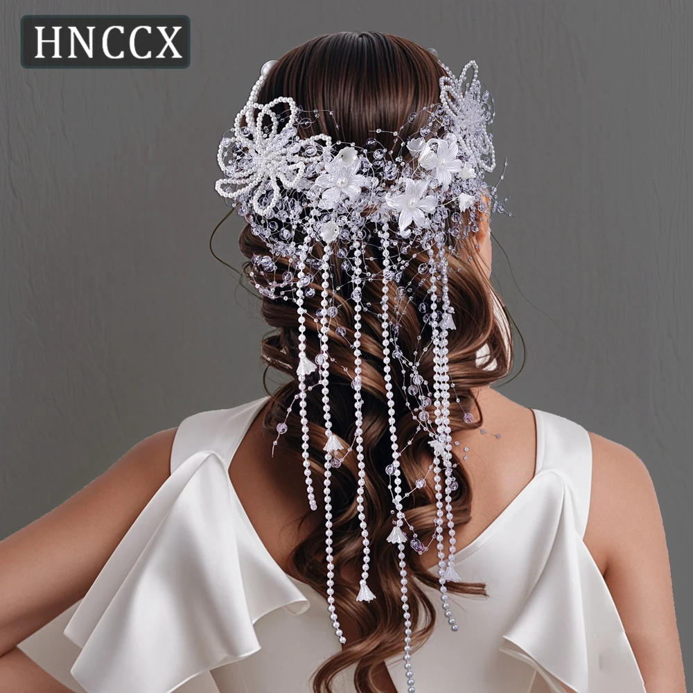 HNCCX Trendy White Color Pearl Flower Headband Bridal Tiara For Women Bride Pearl Tassel Luxury Wedding Hair Accessories CP741 ﻿