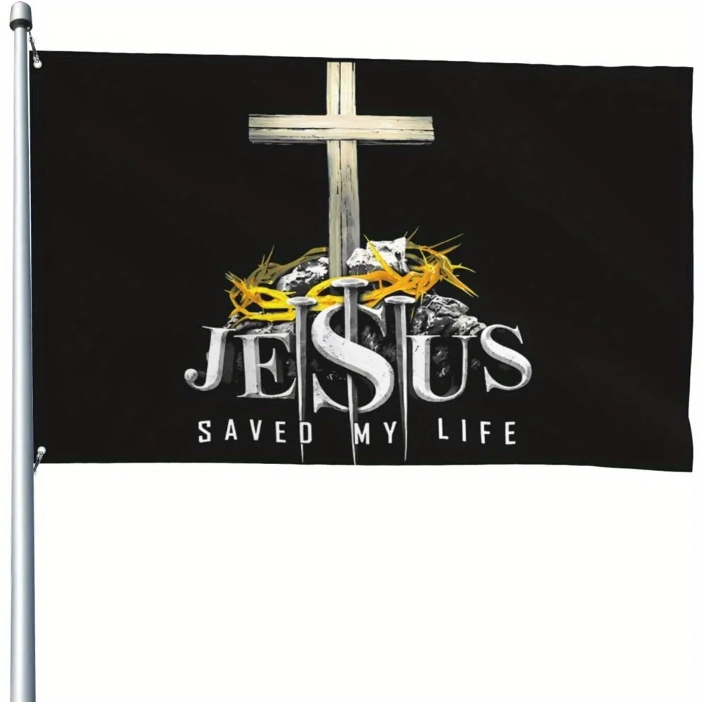 Jesus Saved My Life Flag Black with White Cross Golden Crown Design Durable Polyester Indoor/Outdoor Religious Decor