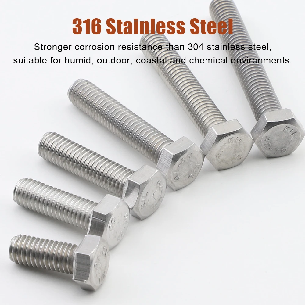 Hex Head Bolts Full Thread 316 Stainless Steel M4 M5 M6 M8 M10 M12 Metric Hexagon Screws Fasteners DIN933 Equivalent