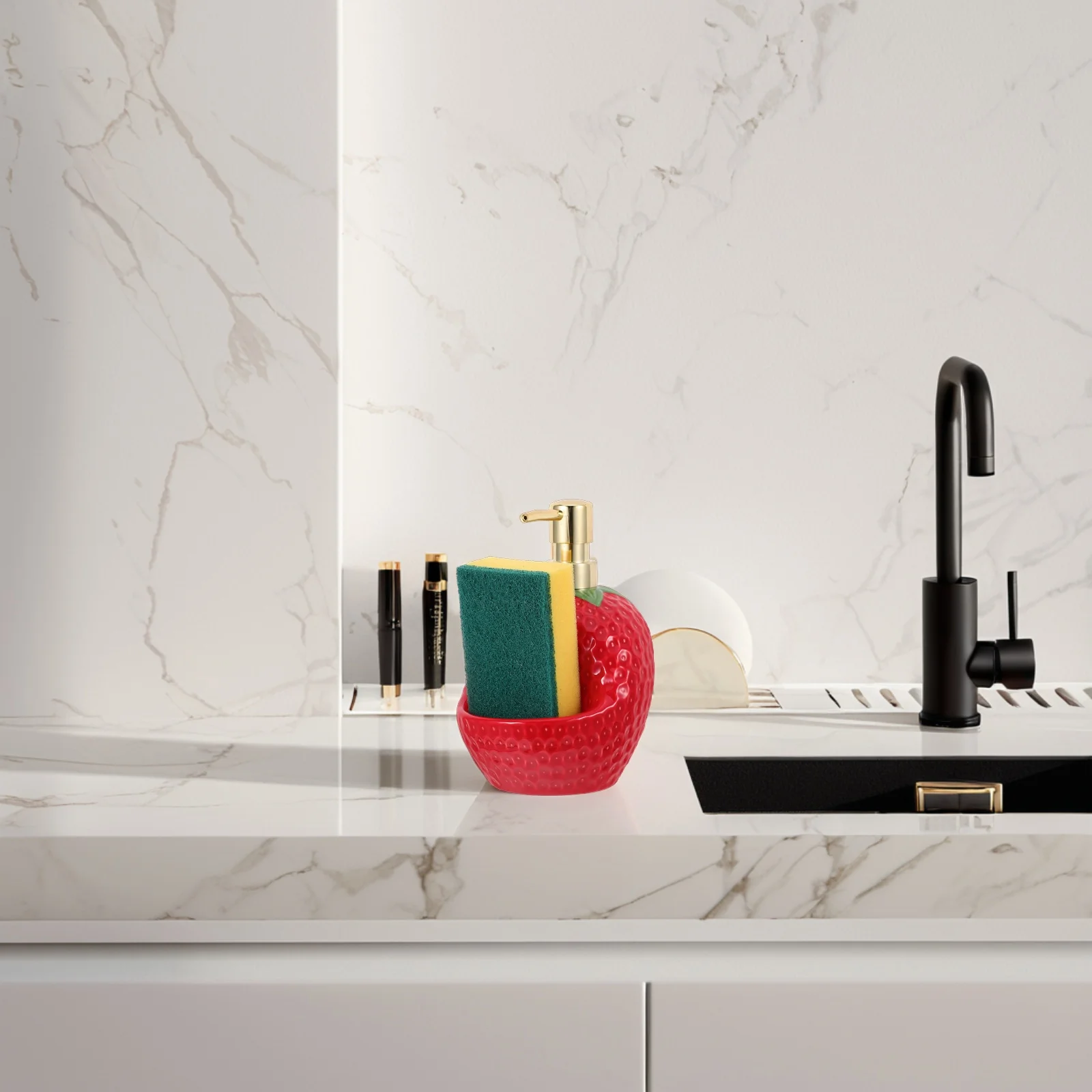 

Cute Strawberry Shaped Ceramic Soap Dispenser Refillable Lotion Container for Kitchen Dishwashing Liquid Hand Soap Pump Bottle