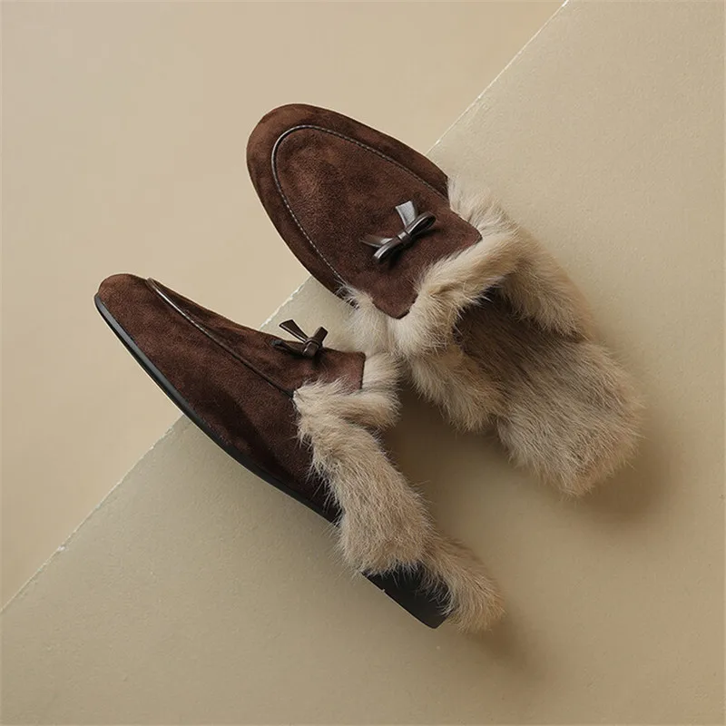 2023 Winter Sheep Suede Women Shoes Rabbit Hair Mules Shoes for Women Round Toe Slippers Chunky Heel Cover Toe Slippers Shoes