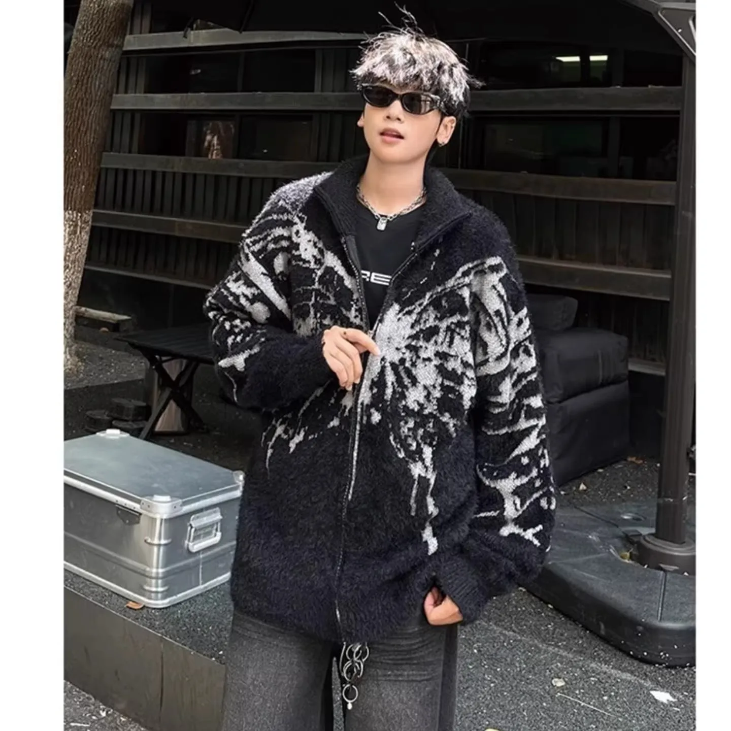 

Мужской вязаный свитер с вышивкой, утепленный, свободного кроя, осенне-зимний кардиган с длинными рукавами и высоким воротником, полиэстер