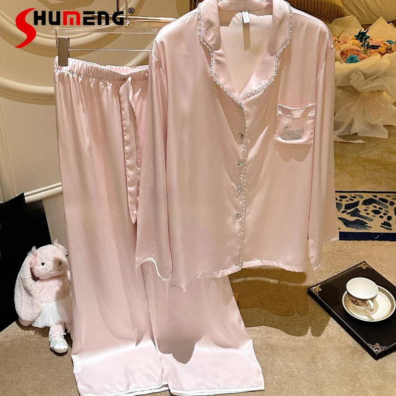 حجر الراين الأصلي الحرير الجليد المتسكعون النساء الفاخرة طويلة الأكمام منامة مجموعة السيدات ربيع الخريف بلون Homewear دعوى