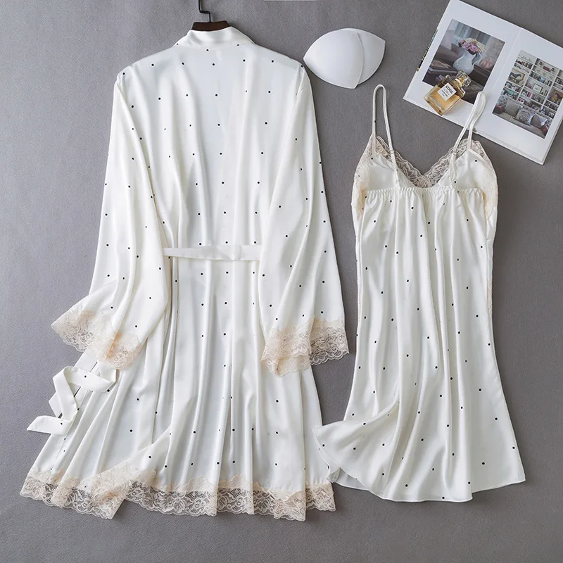 Lace Bathrobe Gown Suit Summer Silky Satin Kimono Sleepwear Home Clothes 2PCS Robe Set Nightgown Women Nightdress Loungewear
