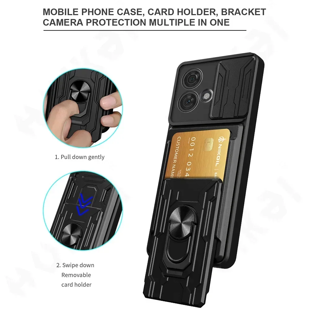 Case For Motorola Moto Edge 40 Neo G84 G54 4G Pro G73 G72  G53 G13 G32 Card Holder Slide Camera Ring Stand Armor Kickstand Cover