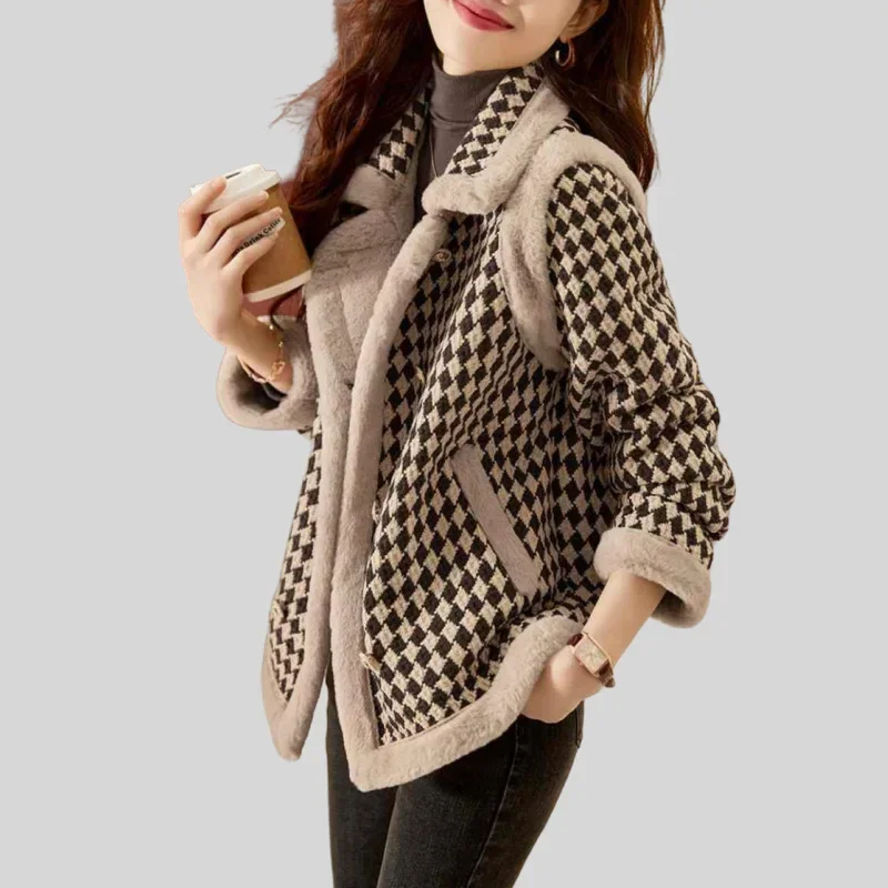 Cotton padded jacket, spring and autumn checkered coat, women's long sleeved woolen top, fashionable Western and Korean