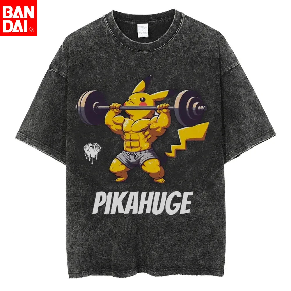 

Pokemon Dugtrio Moleflex Gym Parody T Shirt Men 2026 Summer Vintage Acid Wash Oversized Tee Anime Streetwear