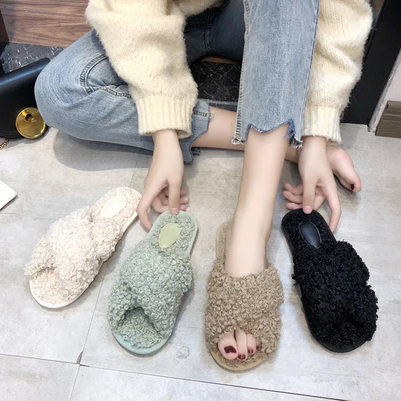 Cross Band Home Fur Slides Ladies Curly/straightly Femmes Pantufles Mixed Colors Comfy Indoor Fluffy Slippers Sexy