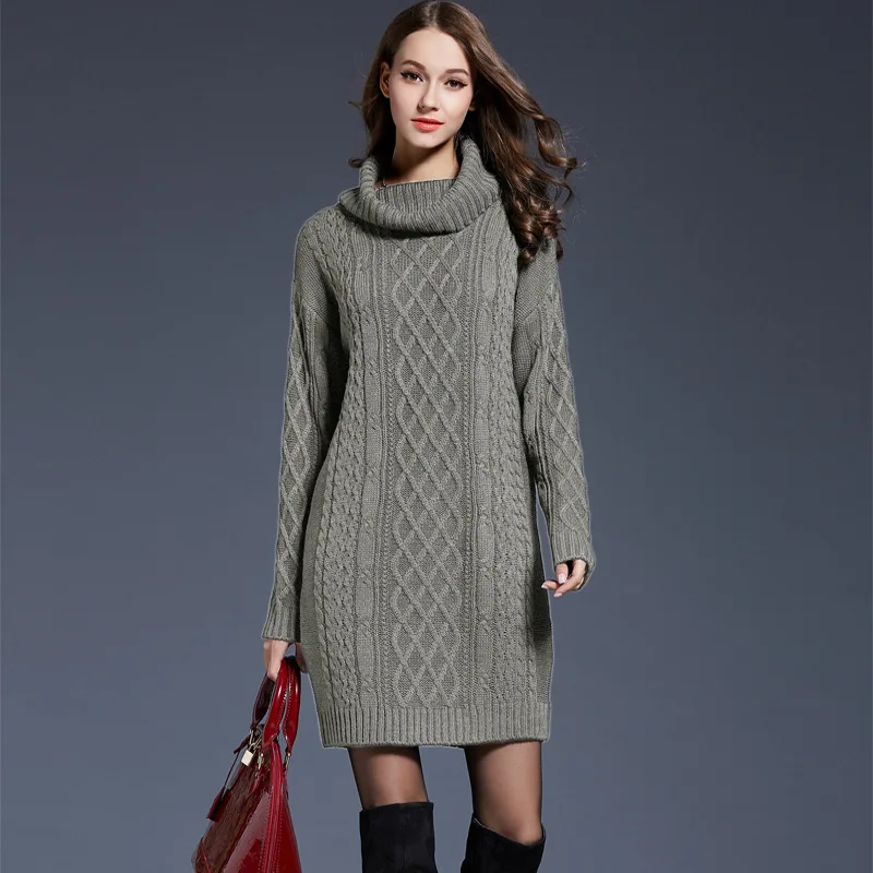 Elegant Knitted Sweater Dress High Neck Warm Solid Fried Dough Twists Long Sleeve Sweater Dress Versatile In Autumn Winter 2024