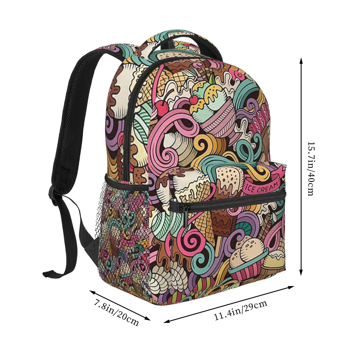 Cartoon Donut Ice Cream Pattern Student Backpack School Bag Hiking Travel Daypack for Men Women Fashion Bookbag Shoulder Bags