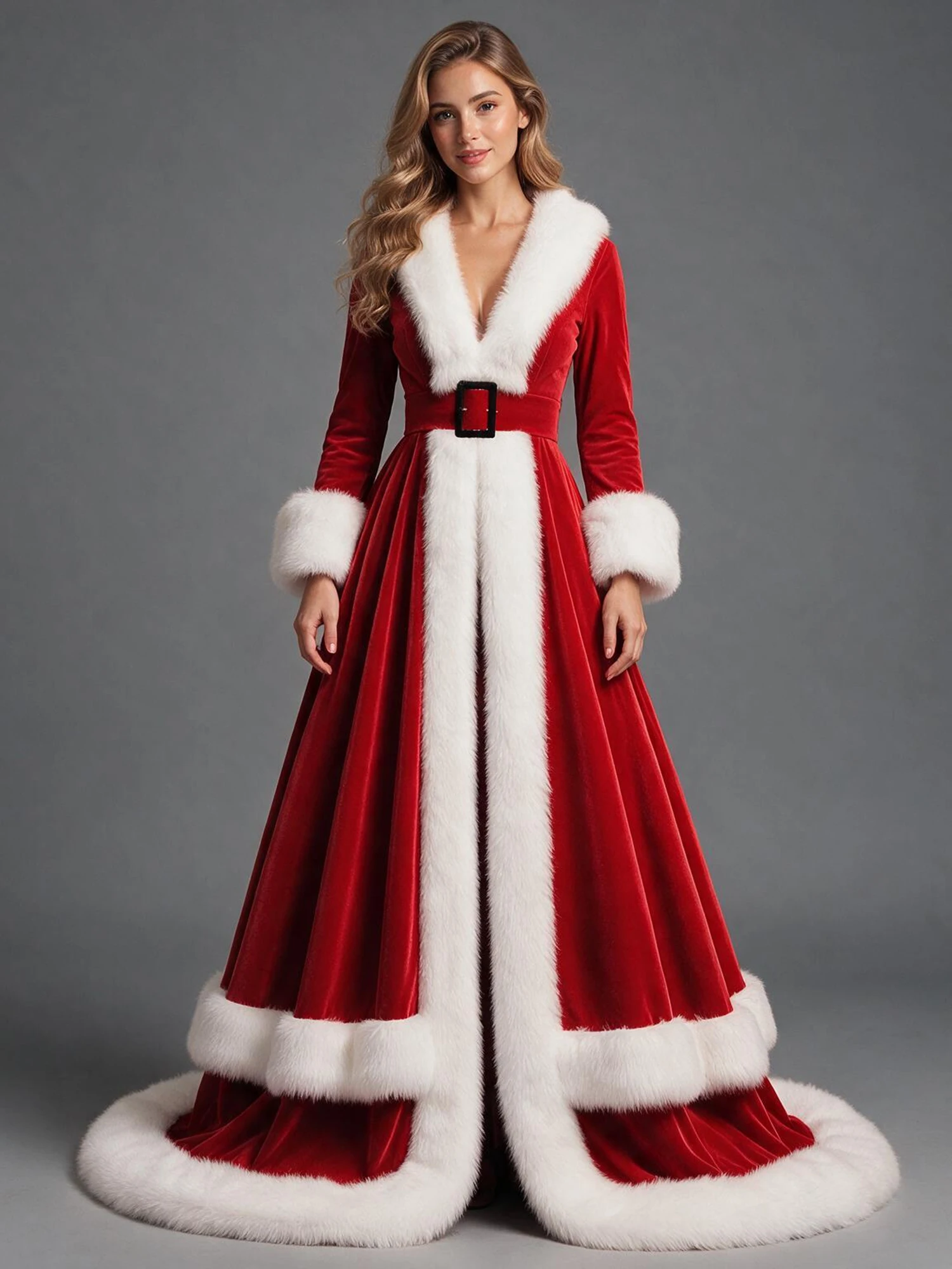 Luxury Velvet Christmas Dress for Women Faux Fur Trim V Neck Long Sleeve Mrs Claus Costume Elegant Red Holiday Party Gown