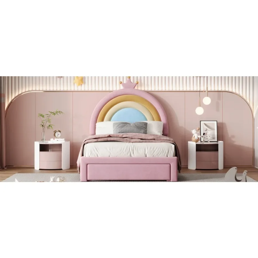 سرير مزدوج الحجم بتصميم قوس قزح منجد، سرير مخملي بمنصة الأميرة مع درج تخزين، لا حاجة إلى صندوق زنبركي ملون ووردي