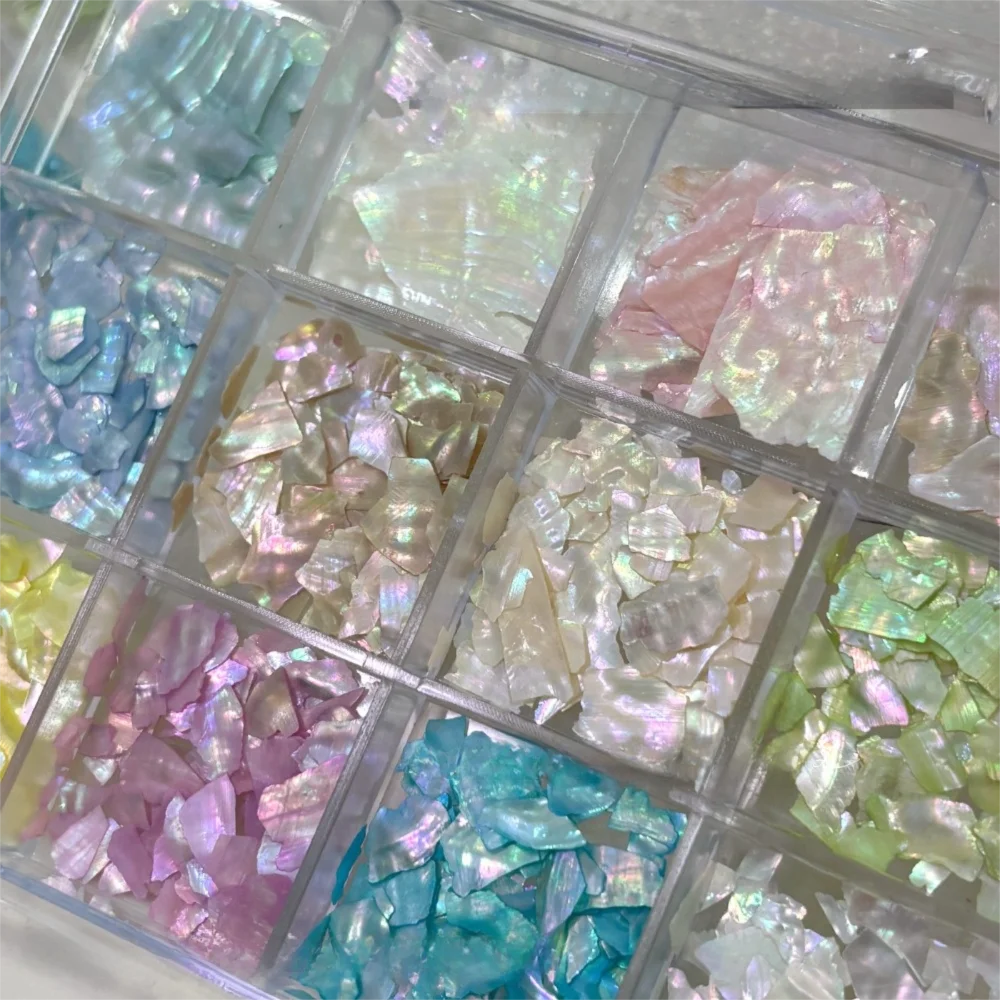 12Grids/Box 3D Irregular Shape Nail Art Charms Aurora Shell Five-pointed Star Imitation Pearl Nail Decoration Sparkling Flakes