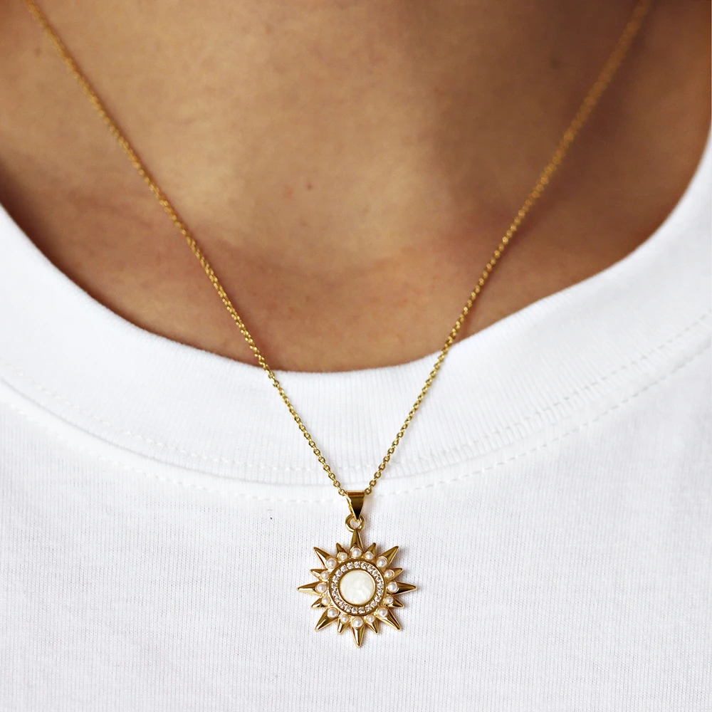 5 pcs/Lot Gold Plated Brass Shell CZ Pearl Round Sun Virgin Mary Pendant Necklace Guadalupe Santa Muerte Religious Women Jewelry