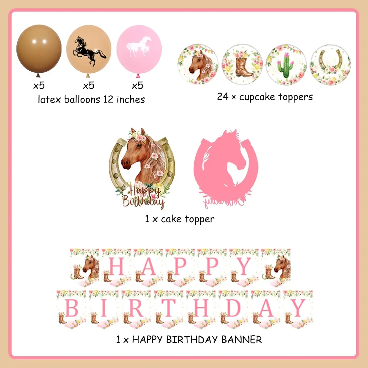 Fangleland Horse Birthday Decorations Pink Floral Horse Happy Birthday Banner Cake Topper Horse Balloons Cowgirl Party Supplies