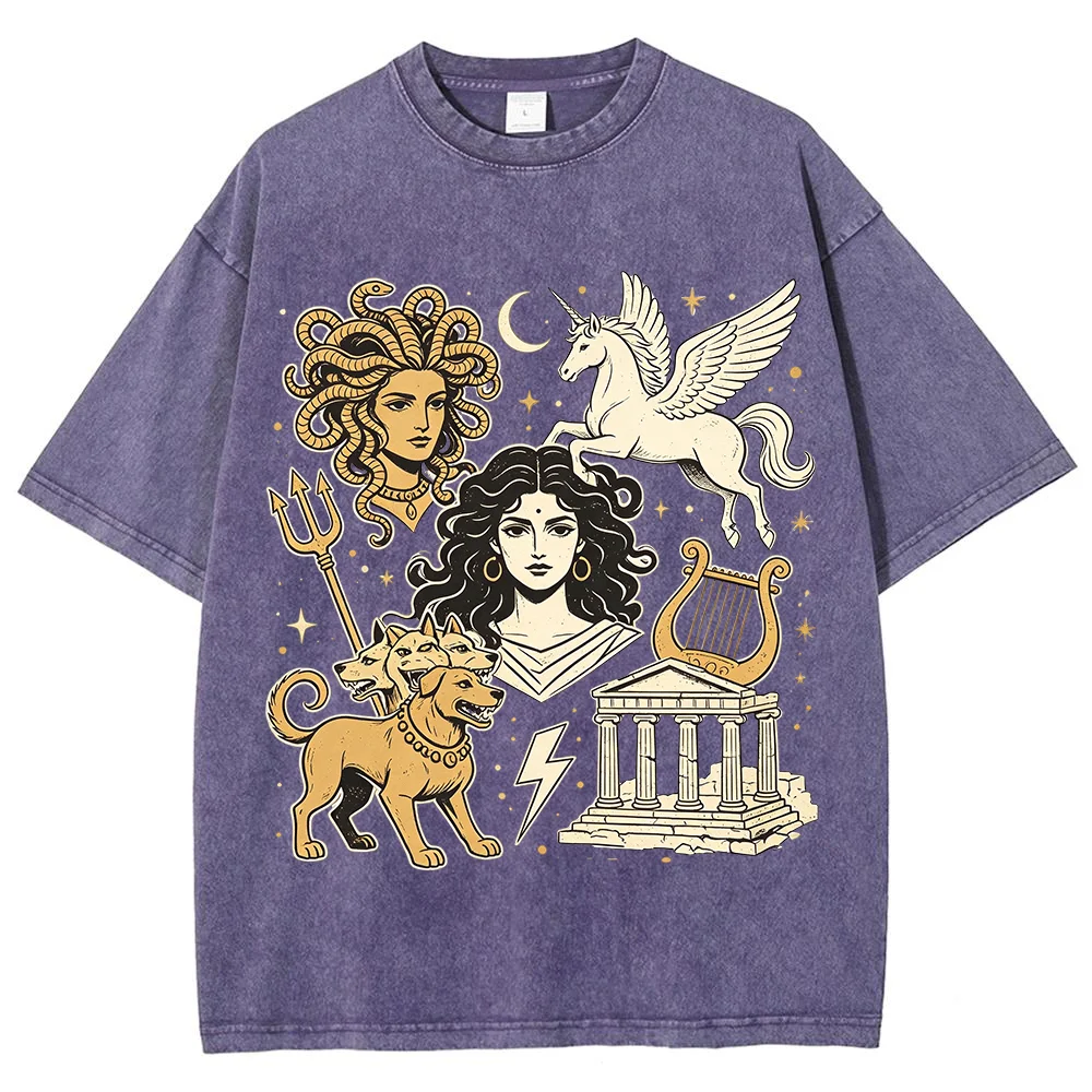 Men Vintage Greek Mythology Graphic T Shirt Medusa Pegasus Goddess Cerberus Temple Print Washed Black Casual Short Sleeve Top