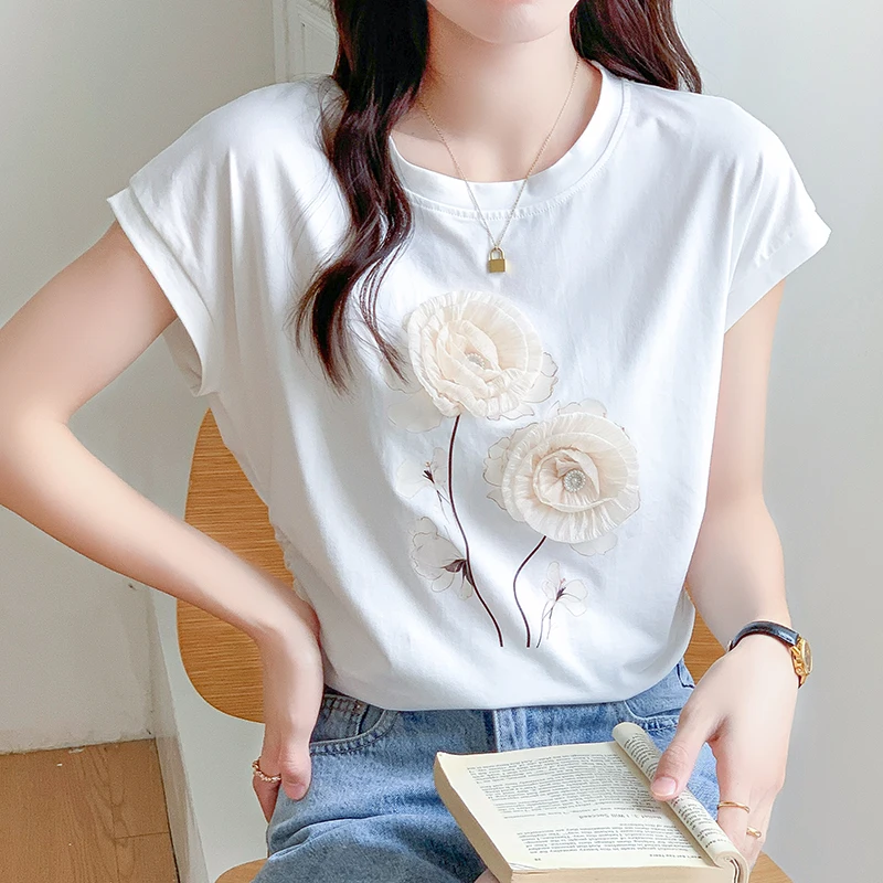 

M-3XL 95Cotton Summer Short Sleeve T-Shirts Women 2024 O Neck Floral Appliques Slim Waist Designer Tops Girls Trendy White Tees