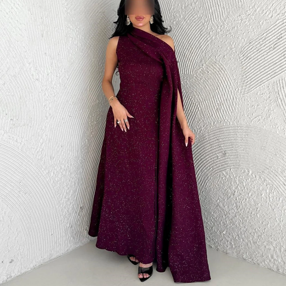 

Customized Exquisite Crystal Jersey Red One Shoulder Evening Dress Fashion A-Line Sleeveless Floor Length Vestidos De