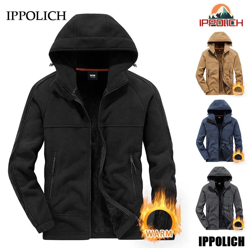 Men's Fleece Hiking Jacket Winter Windproof Solid Color Thickened Soft Shell Hooded Coat Outdoor Fishing Casual Sports Jacket