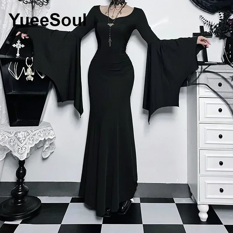 Halloween Gothic Women Dress Long Sleeve High Waist Dresses 2024 New Goth Aesthetic 90s Egirl Sexy Slim Party Club Dress