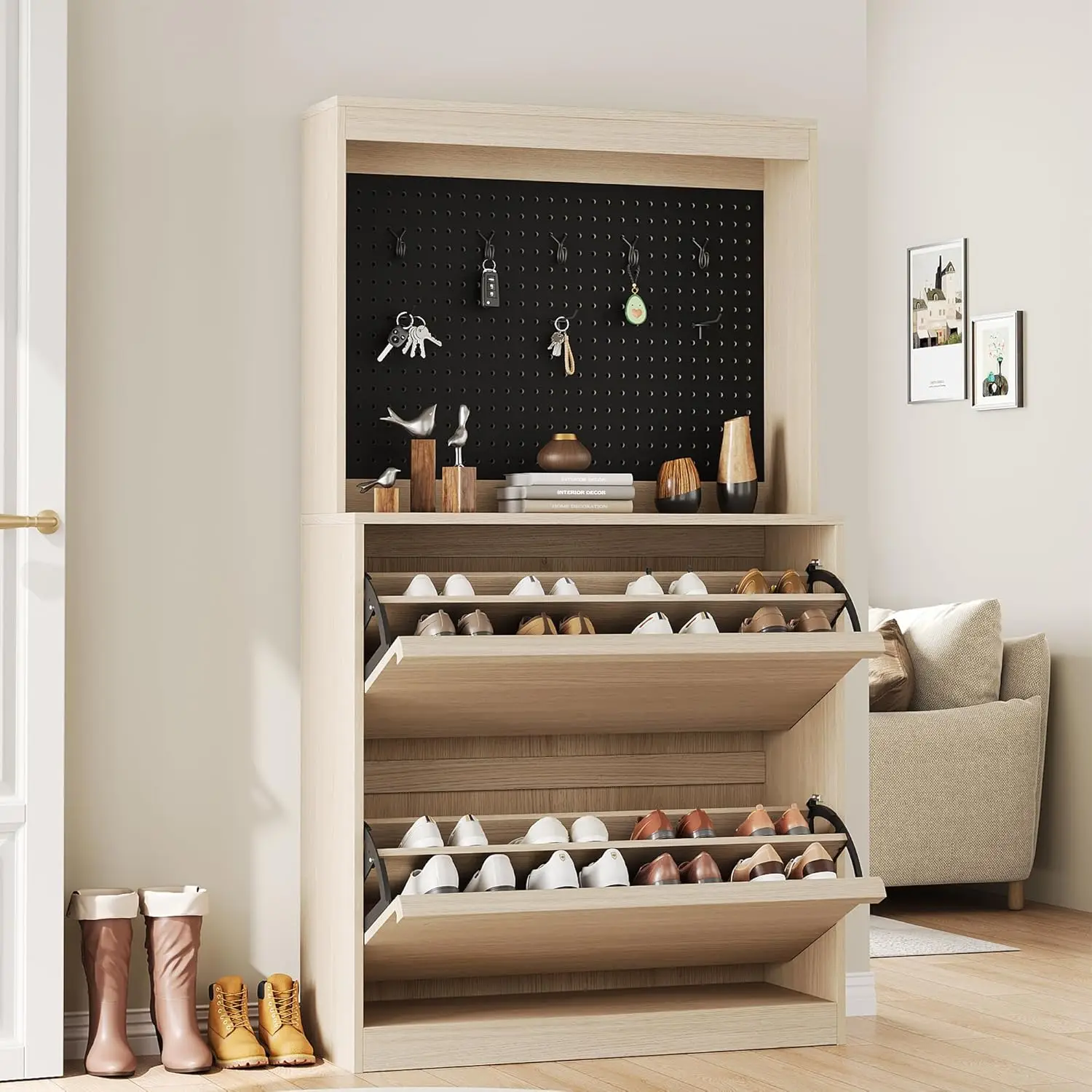 Shoe Cabinet with 2 Flip Drawers and Storage, Freestanding Shoe Cabinet with Hook, Wooden Shoe Storage Cabinet