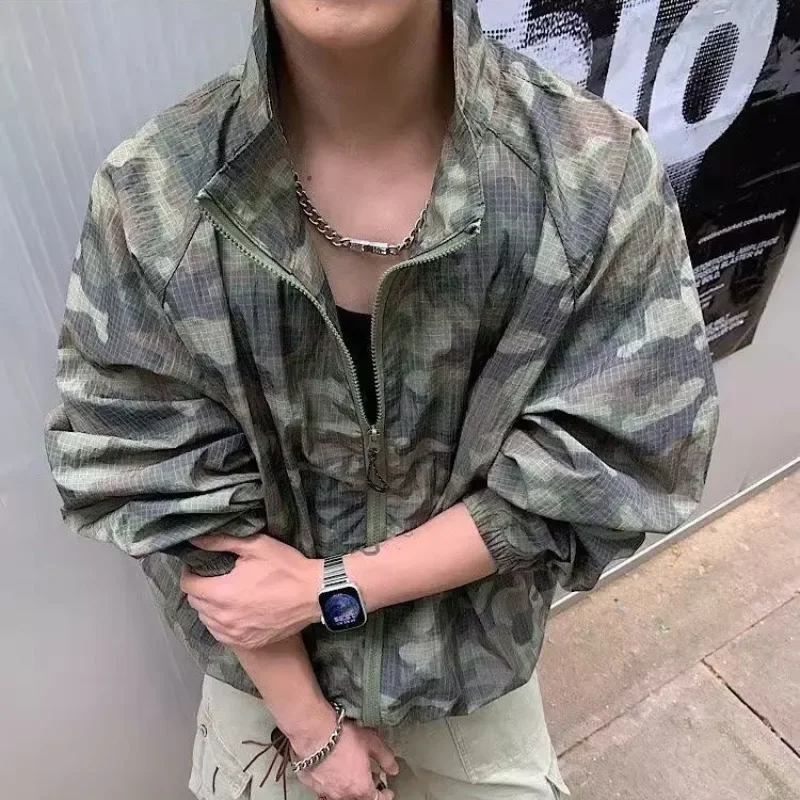 American Retro Camouflage Thin Jacket Men's Summer Sun Protection Clothing Grid Quick Drying Hiking Stand Collar Coat Outdoor