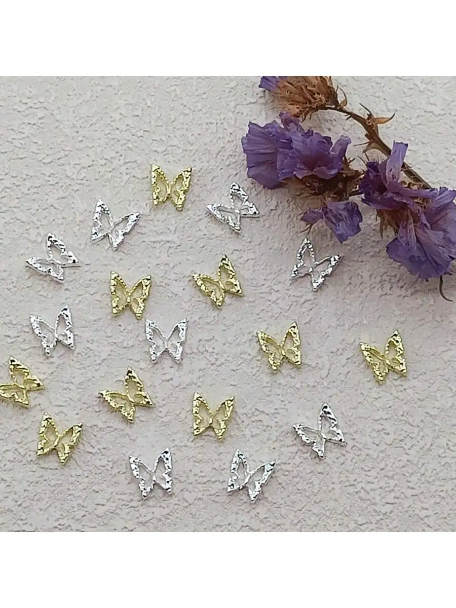 50PCs Mixed Gold Silver Hollowed Butterfly Metal Ornament Nail Art Decorations Mini 3D Alloy Nail Stud