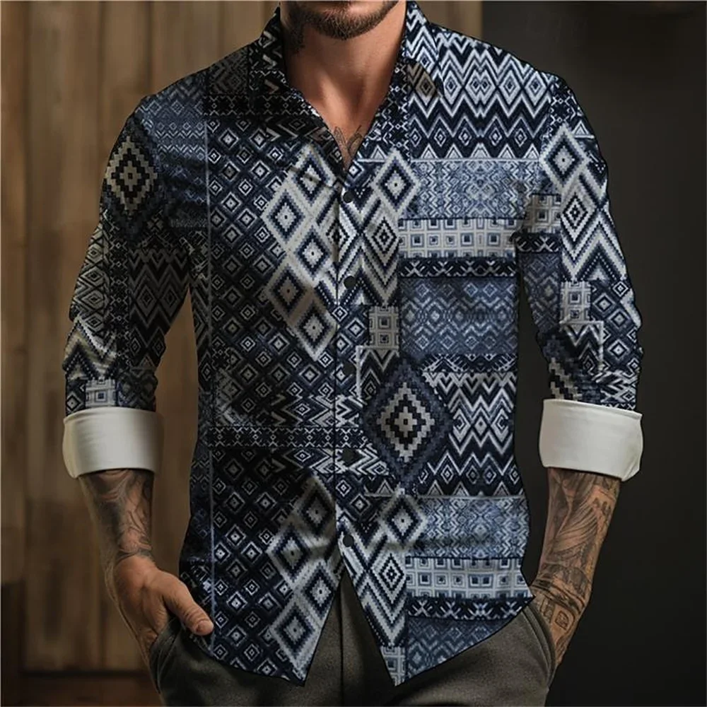 2024 patchwork da uomo in bianco e nero stampato camicia a maniche lunghe fashion ball abbigliamento casual da uomo con bottoni con risvolto