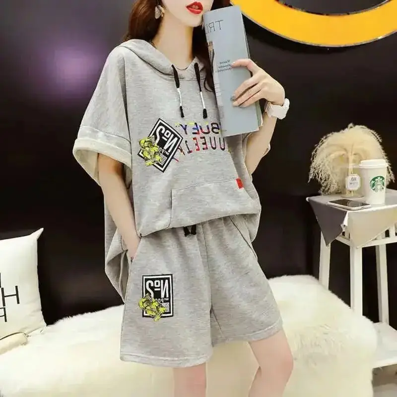 Women\'s Casual Suit 2024 Summer New Large Cotton Hooded Short-Sleeved Tops And Shorts Two Piece Set Household Plus Size Clothing