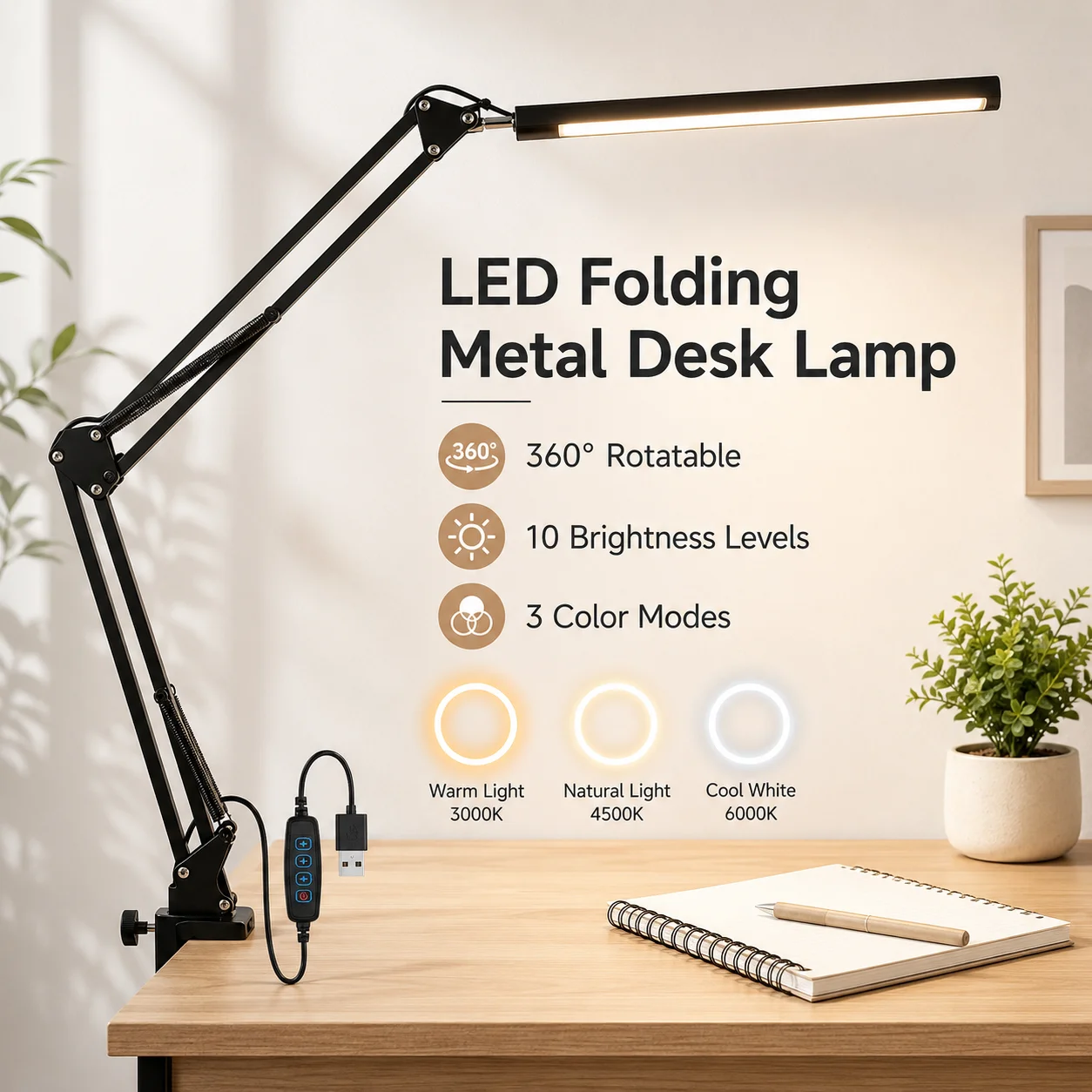 LED Desk Lamp Long Arm Foldable Clamp Adjustable Eye Caring Light 3 Color Dimmable for Reading Study and Office Work Desk Light